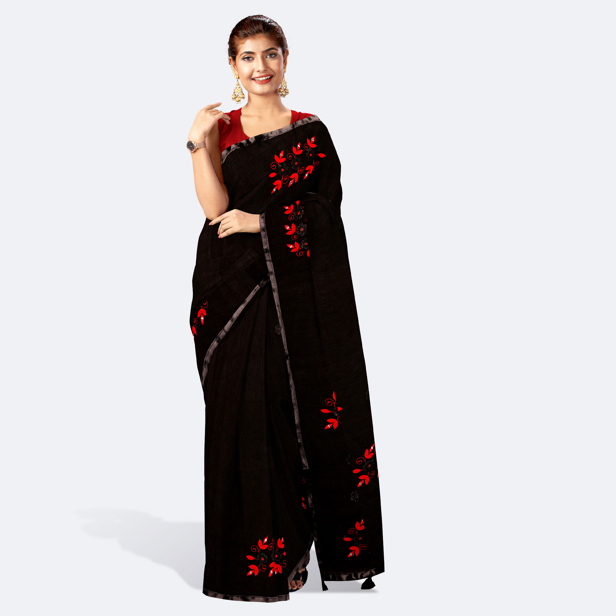 Black Applique Design Half Silk Saree